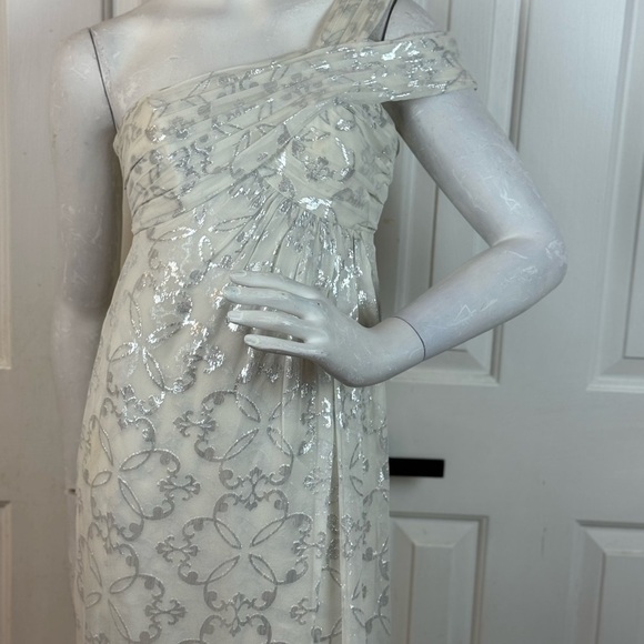 Nicole Miller Silk One Shoulder Dress Maxi 10 Long Foil Silver White Gown Size 2 - Picture 2 of 16